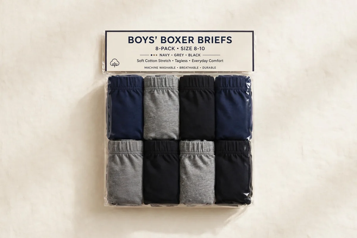 Flat lay of a folded 8-pack of boys' boxer briefs in navy, grey and black on a plain ivory background