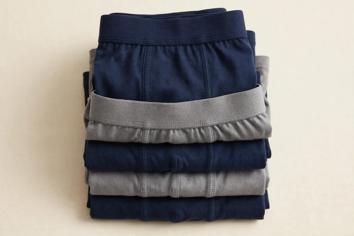Close-up stack of folded boys' boxer briefs showing the wide waistband and smooth cotton fabric
