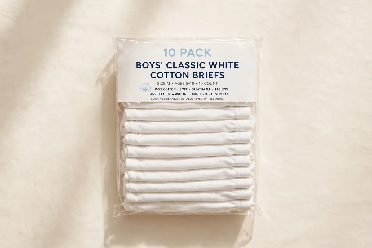 Flat lay of a folded 10-pack of boys' white cotton briefs on a plain ivory background