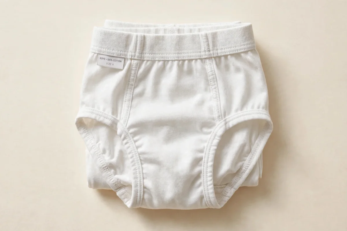 Close-up of folded boys' cotton briefs showing the classic Y-front shape and covered waistband