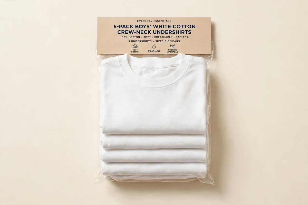 Flat lay of a folded 5-pack of boys' white cotton crew undershirts on a plain ivory background