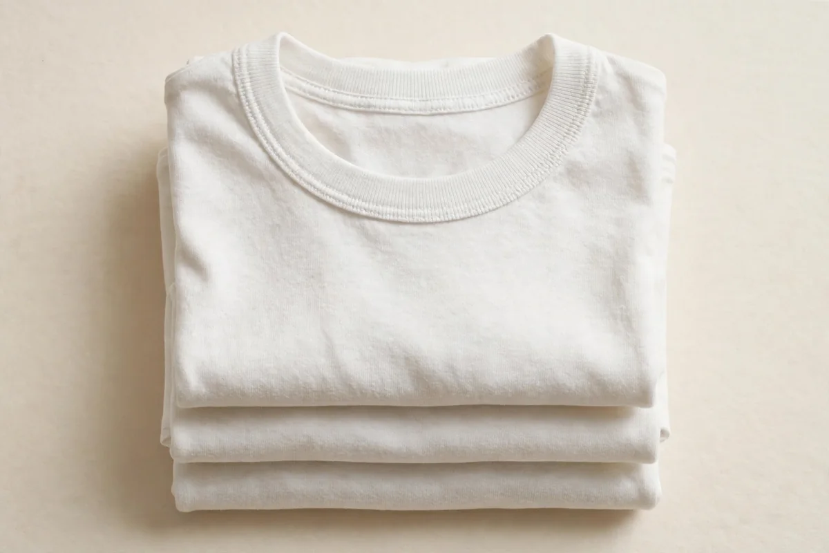 Close-up stack of folded boys' crew undershirts showing the reinforced neckline and soft jersey
