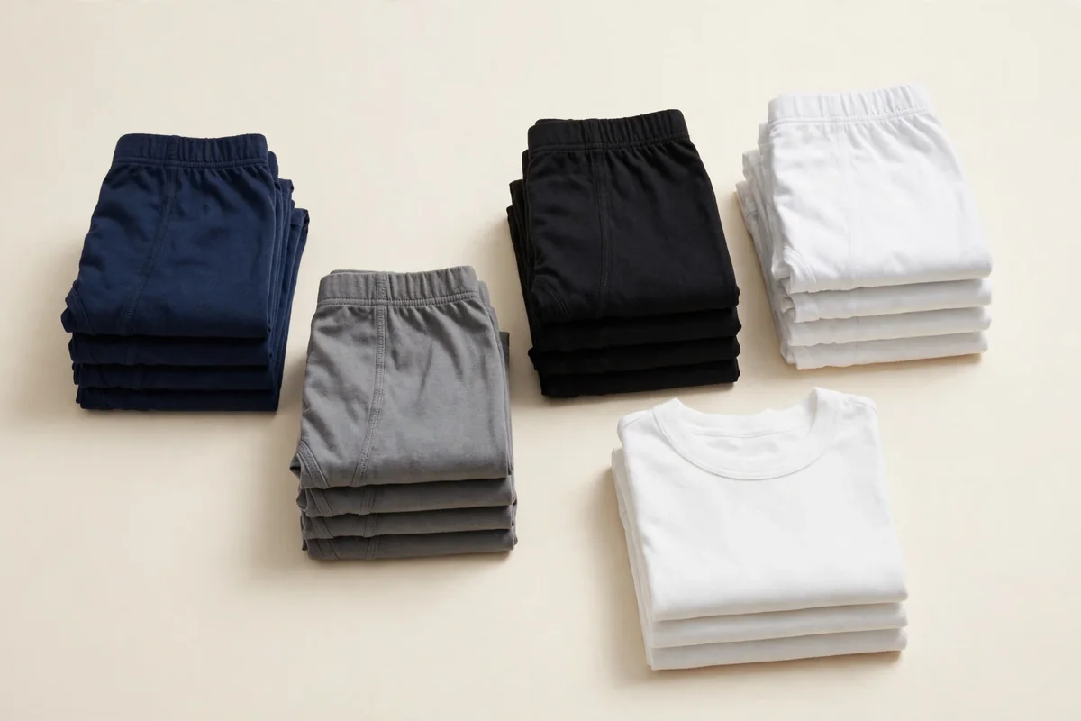 Flat lay of folded boys' cotton basics in navy, grey and white on a plain ivory background