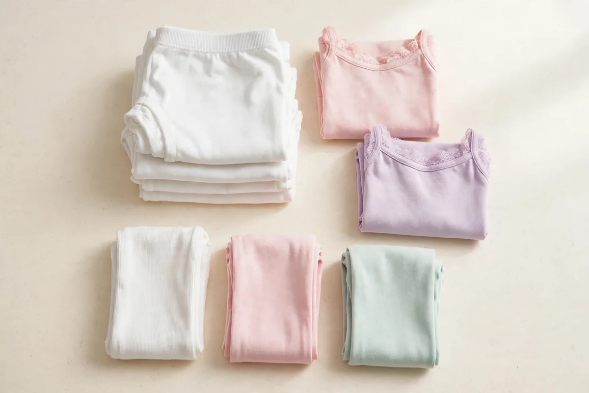 Flat lay of folded girls' cotton basics in white and soft pastels on a plain ivory background