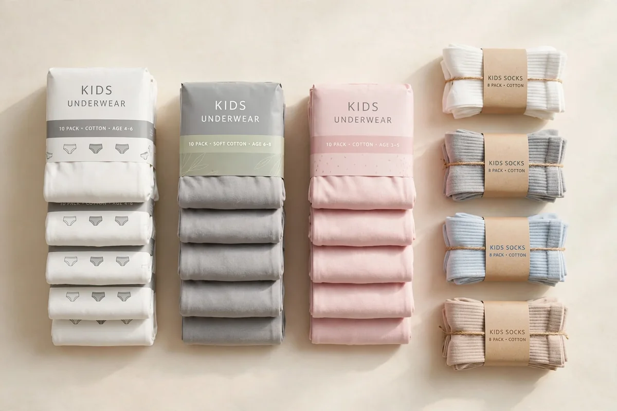 Flat lay of stacked multipacks of folded children's socks and underwear on a plain ivory background