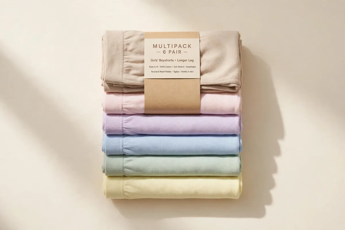 Flat lay of a folded 6-pack of girls' boyshort underwear in neutral and pastel shades on a plain ivory background
