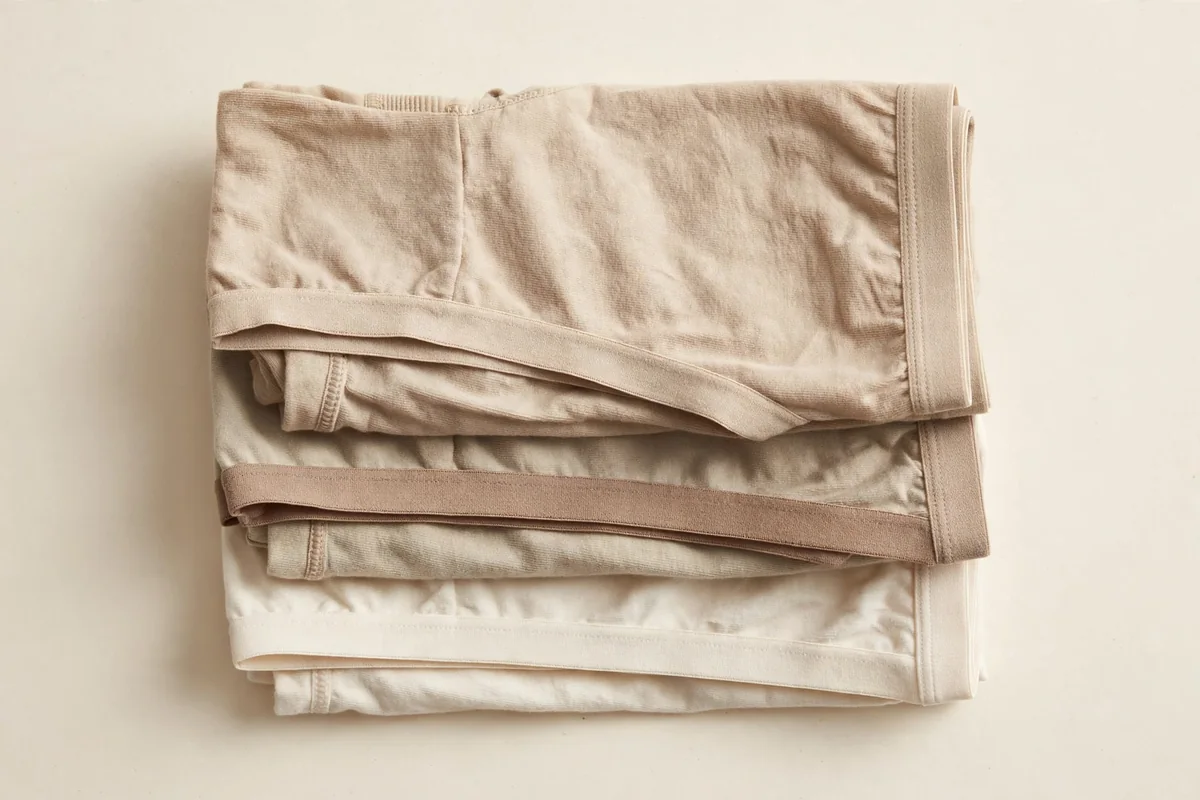 Close-up stack of folded girls' boyshort underwear showing the longer leg line and soft cotton fabric