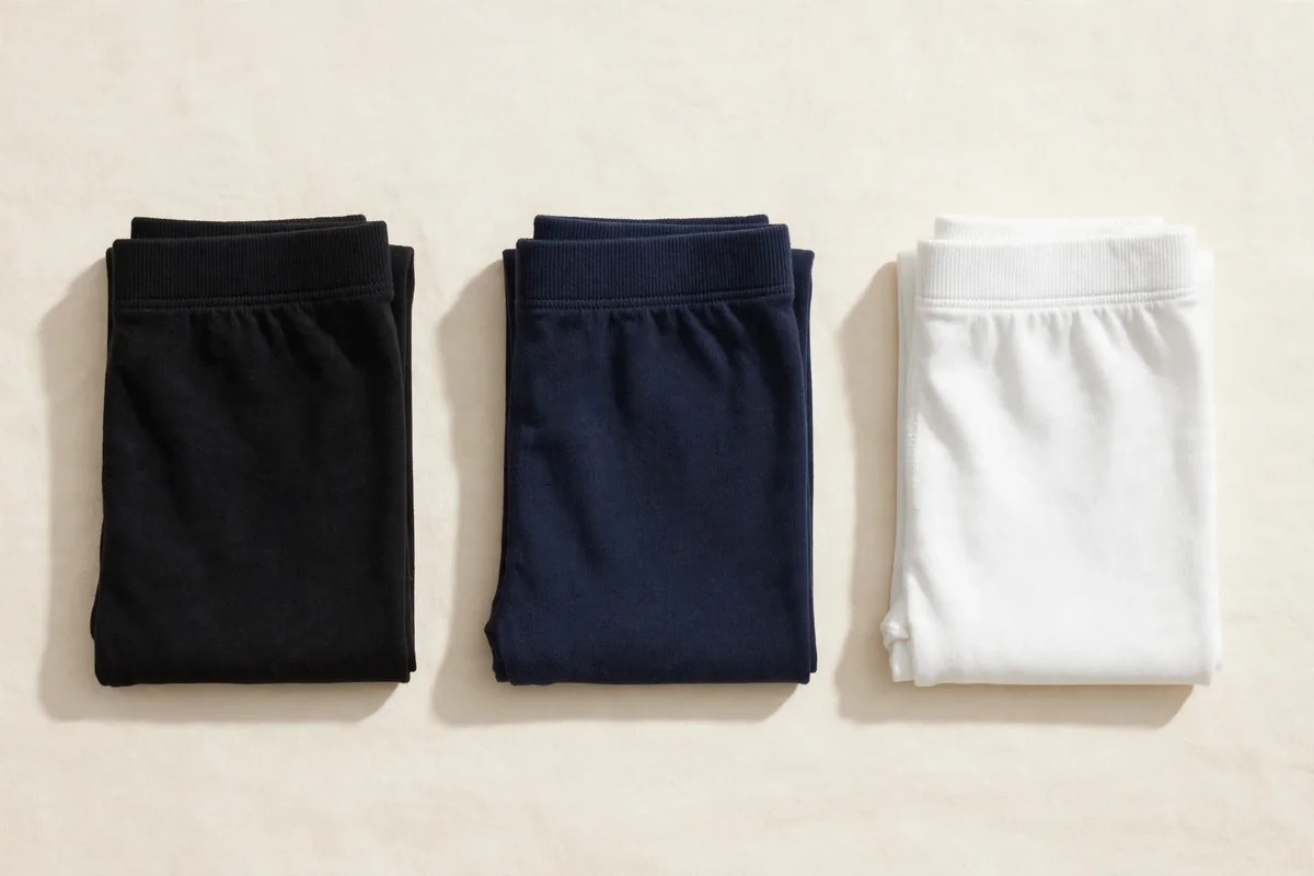 Flat lay of folded girls' cotton bike shorts in black, navy and white on a plain ivory background