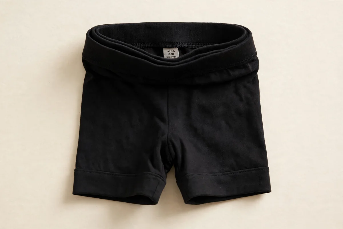 Close-up of folded girls' cotton bike shorts showing the mid-thigh length and wide waistband