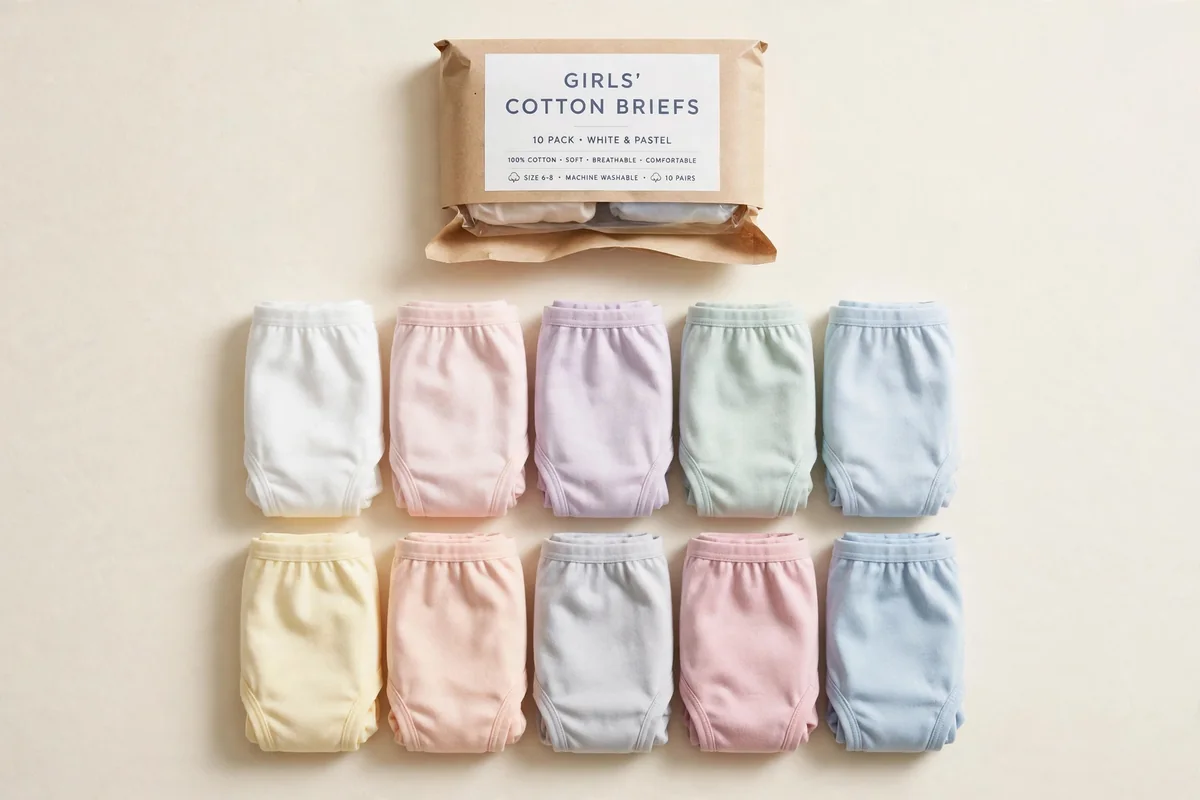 Flat lay of a folded 10-pack of girls' cotton briefs in white and soft pastels on a plain ivory background