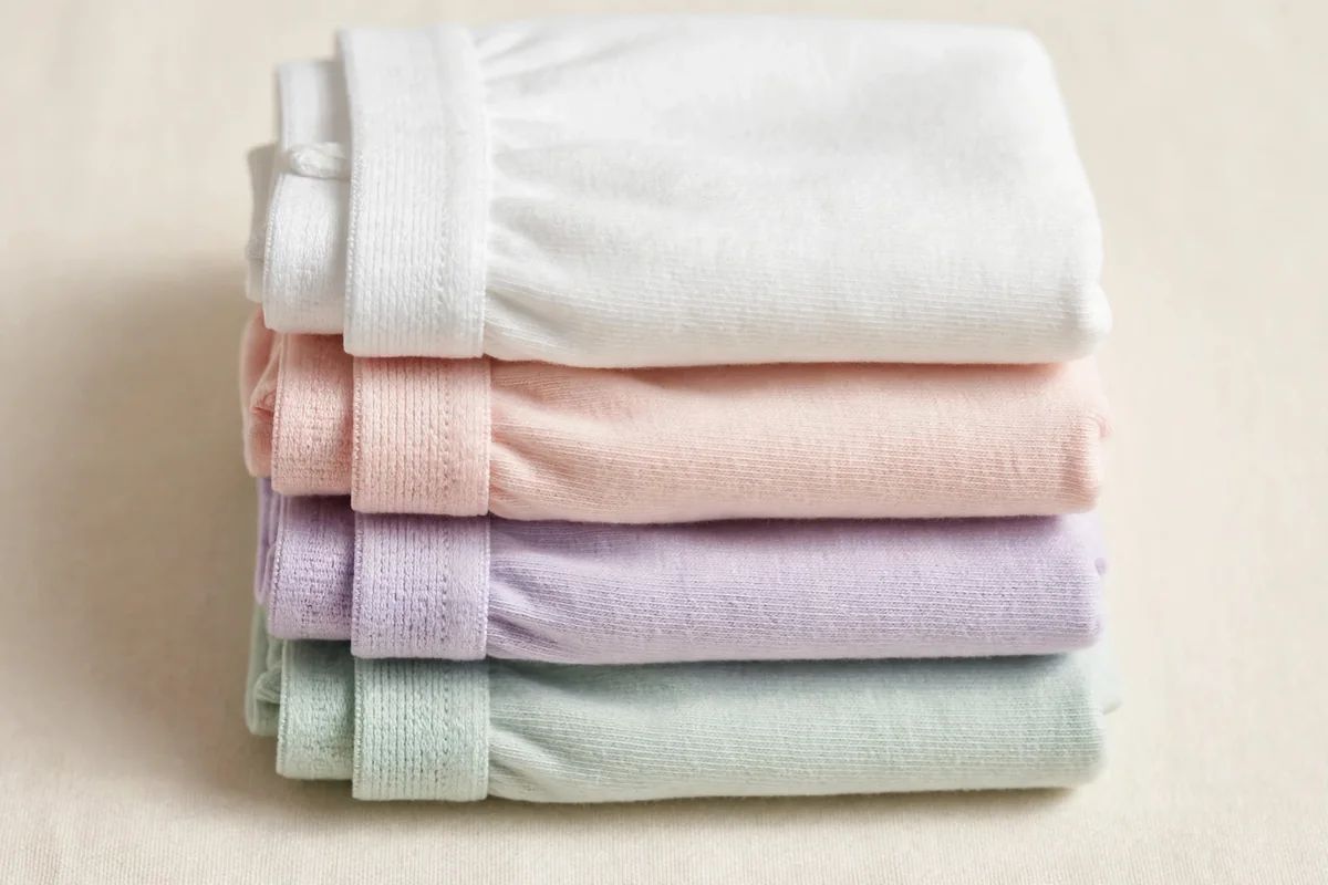 Close-up stack of folded girls' cotton briefs showing the covered elastic waistband and soft cotton texture