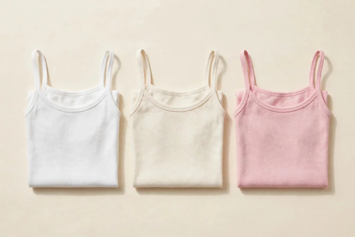 Flat lay of folded girls' cotton camisole tanks in white, ivory and soft pink on a plain ivory background