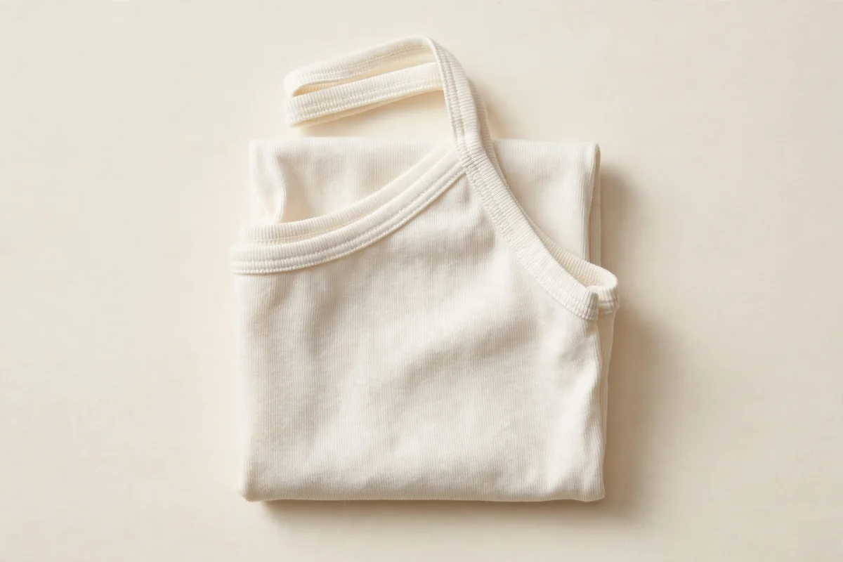 Close-up of a folded girls' cotton camisole showing the fine rib knit and neat strap binding