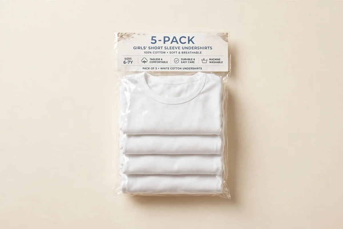 Flat lay of a folded 5-pack of girls' white cotton undershirts with short sleeves on a plain ivory background