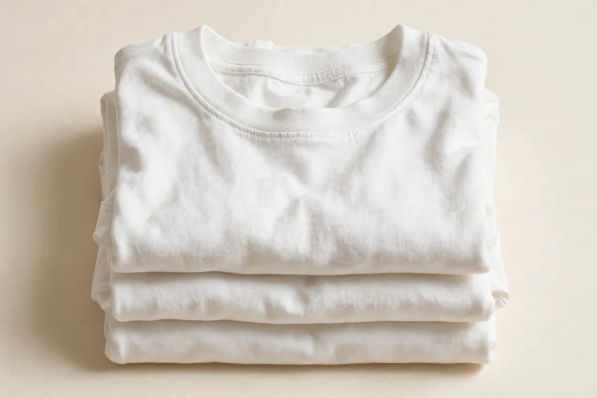 Close-up stack of folded girls' cotton undershirts showing the crew neckline and soft jersey fabric