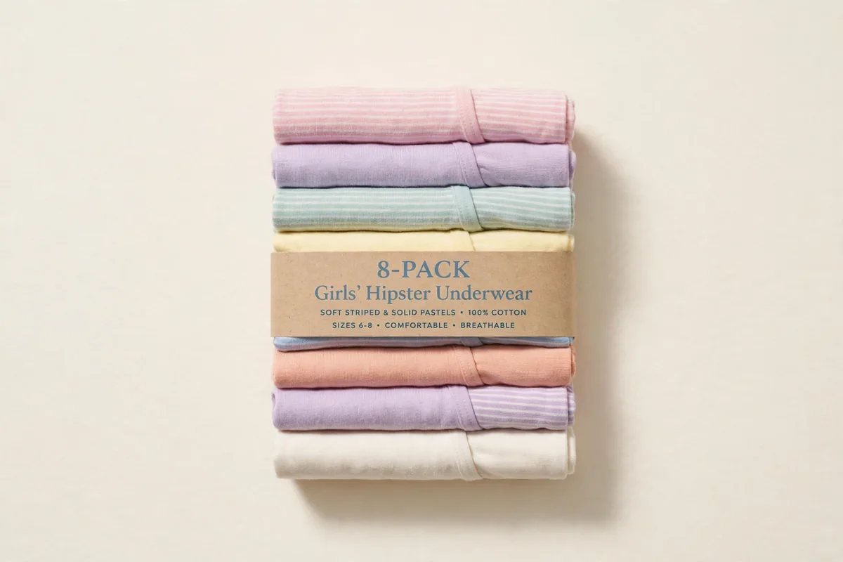 Flat lay of a folded 8-pack of girls' tagless hipster underwear in soft stripes and solids on a plain ivory background