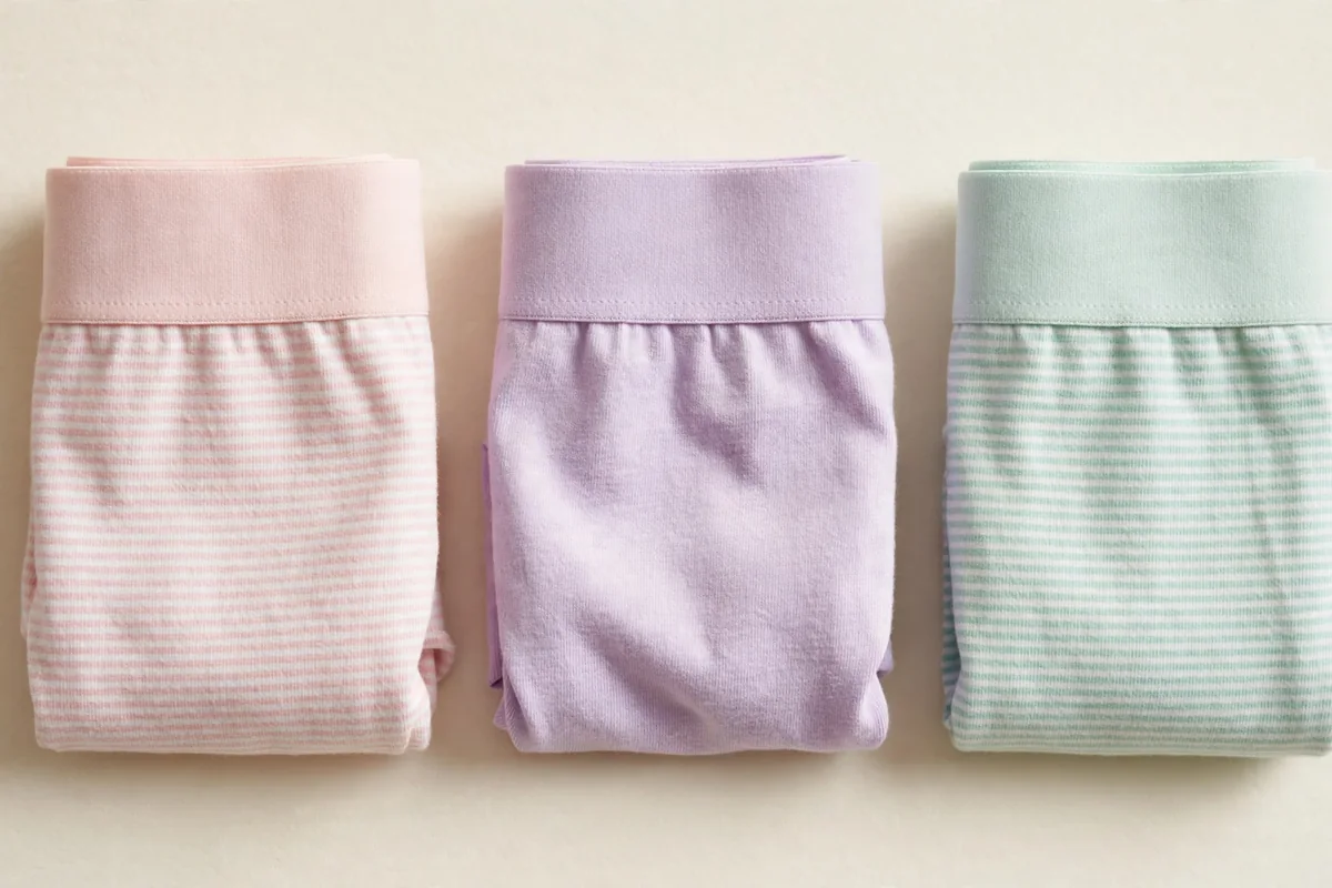 Close-up of folded girls' hipster underwear showing the low-rise cut and wide, smooth waistband