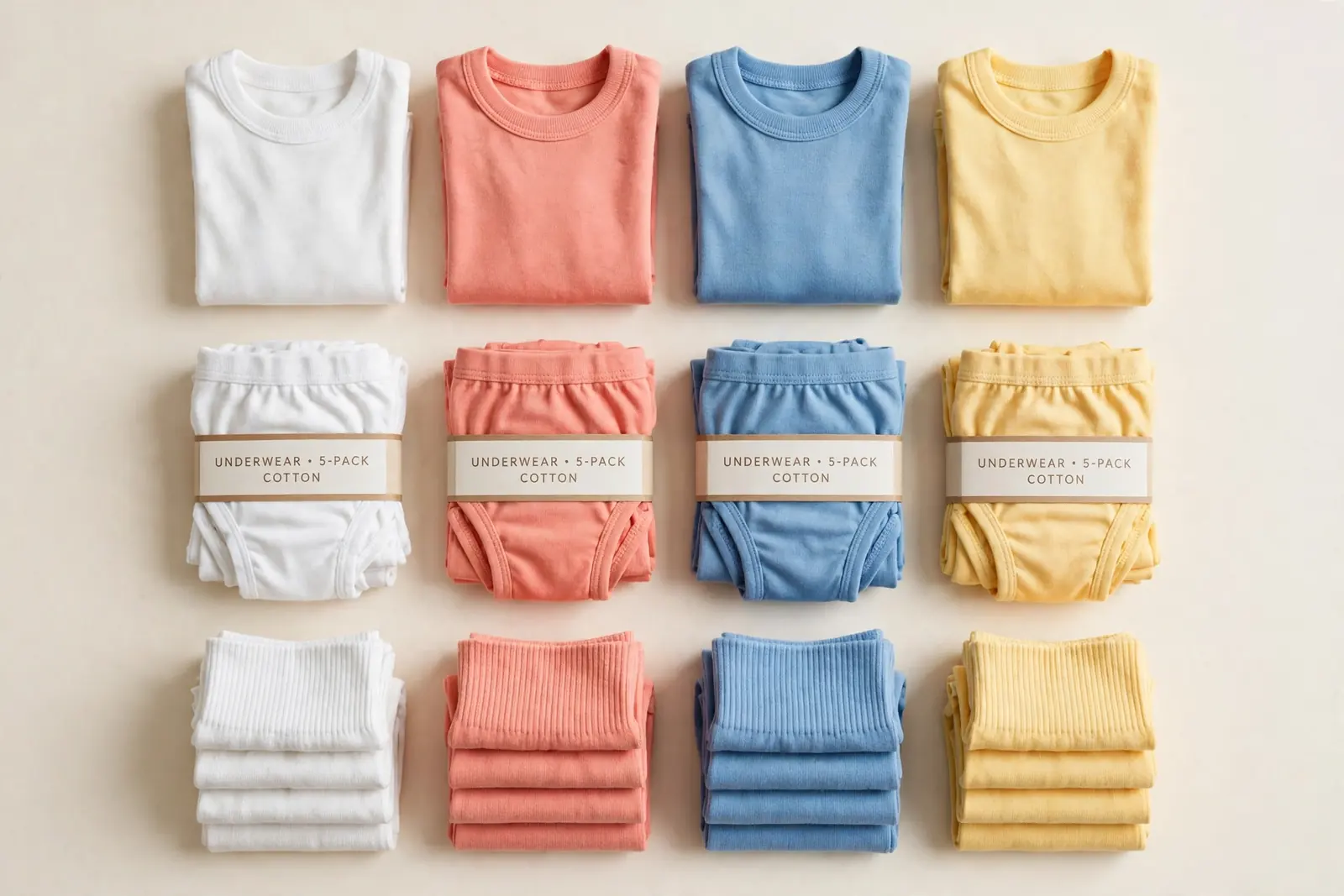 Flat lay of neatly folded stacks of children's cotton basics in white, coral, sky blue and butter yellow on a plain ivory background