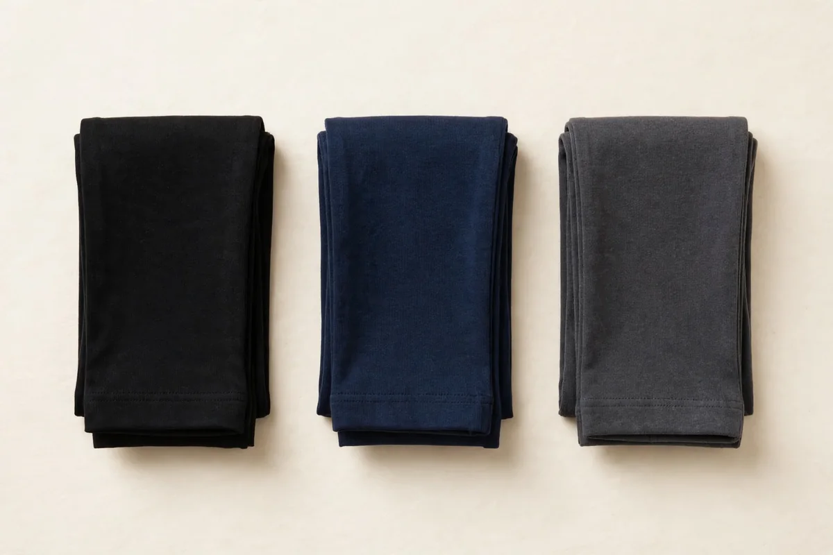 Flat lay of folded kids' cotton leggings in black, navy and charcoal on a plain ivory background