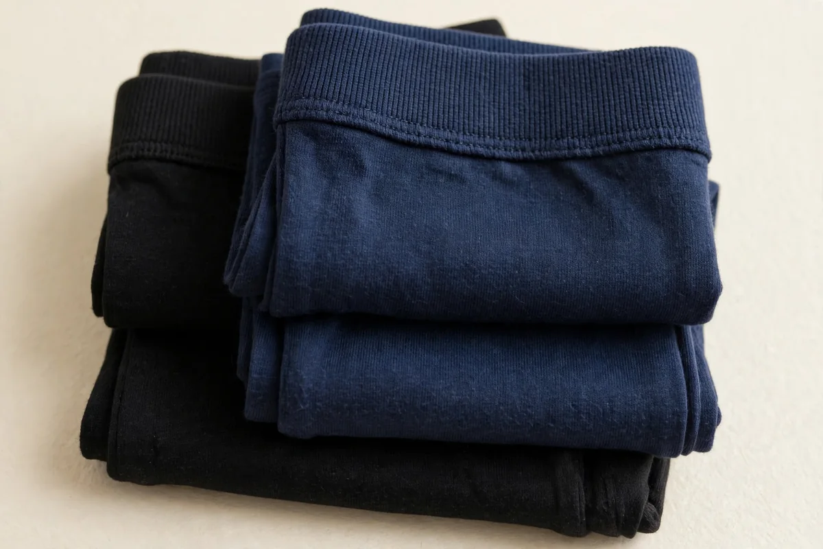 Close-up stack of folded kids' leggings showing the wide waistband and dense cotton knit