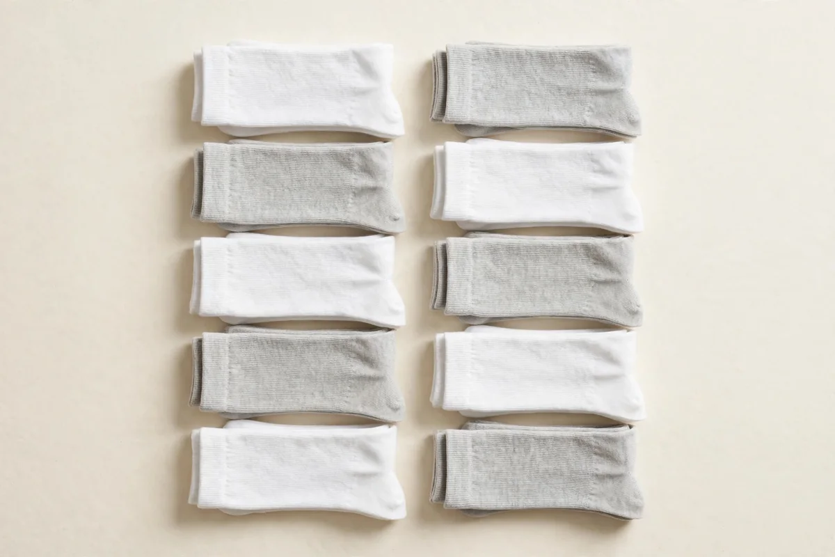 Flat lay of a neat stack of folded kids' cushion cotton socks in white and grey on a plain ivory background