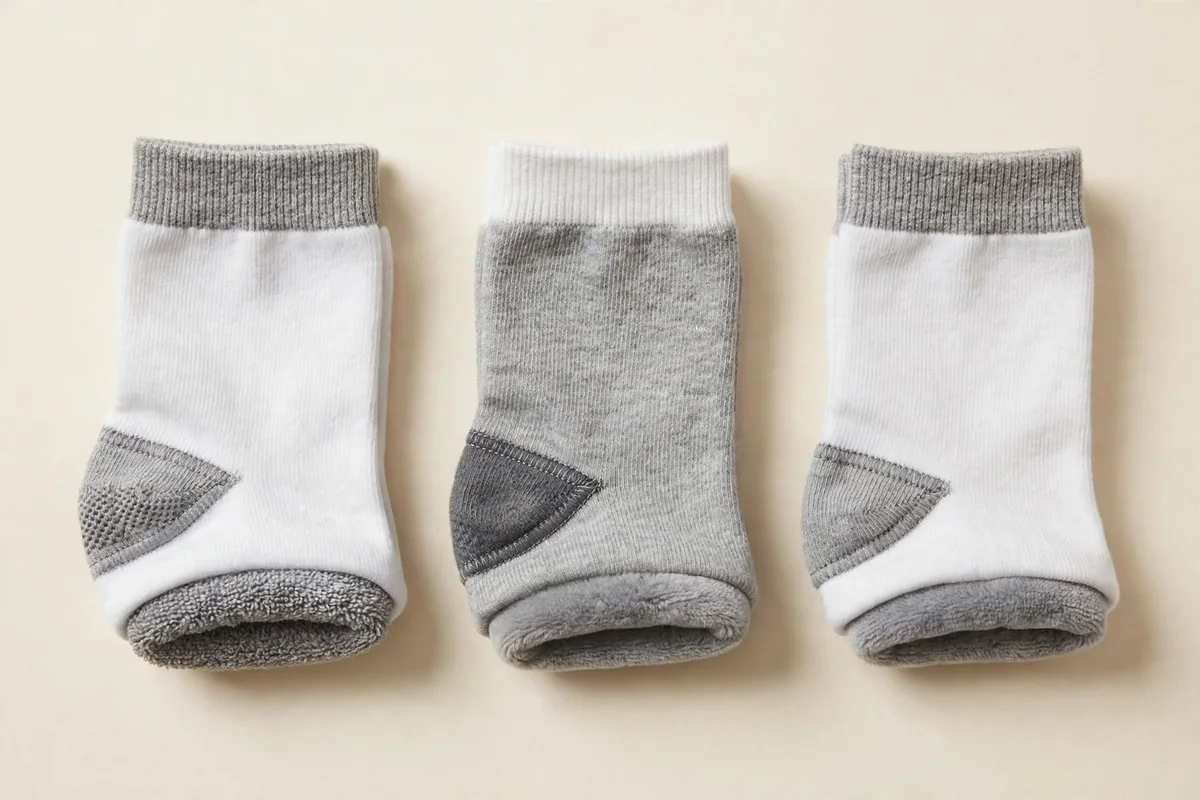 Close-up of folded kids' cotton socks showing the cushioned sole and ribbed cuff
