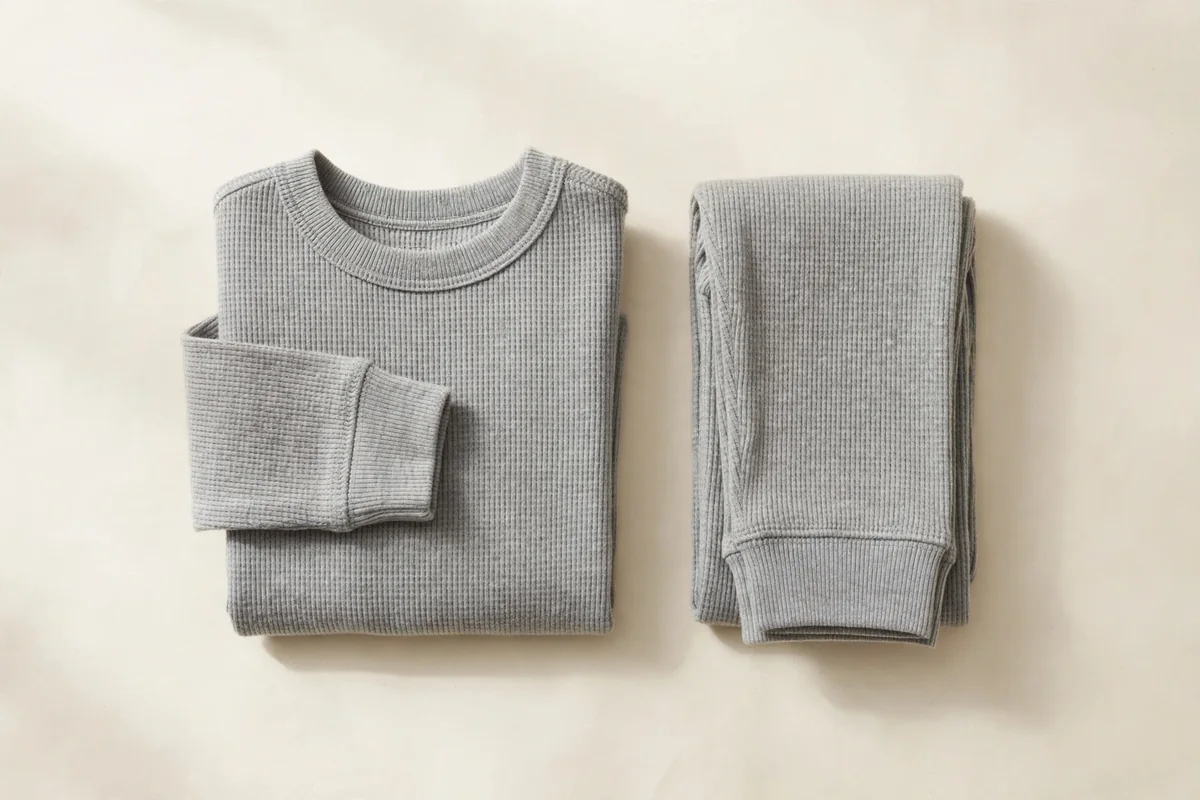 Flat lay of a folded kids' thermal underwear set with long-sleeve top and bottoms in soft grey on a plain ivory background