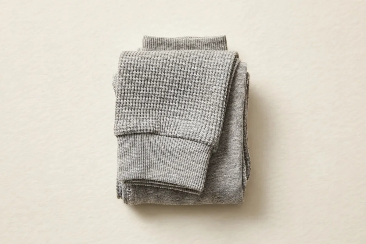 Close-up of folded kids' thermal underwear showing the fine waffle-knit texture and cuffed ankles