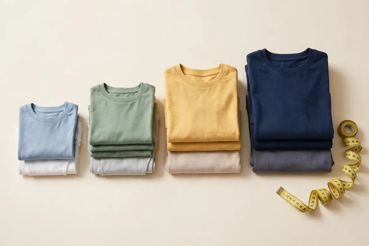 Flat lay of folded stacks of children's basics in ascending sizes beside a tailor's measuring tape on a plain ivory background