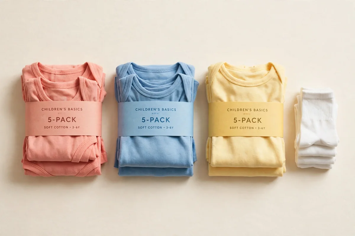 Flat lay of three neat stacks of folded children's basics multipacks in coral, sky blue and butter yellow on a plain ivory background